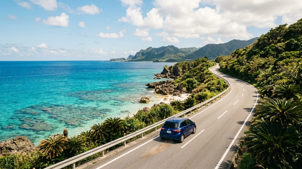 Rental car driving through scenic coastal roads in Okinawa
